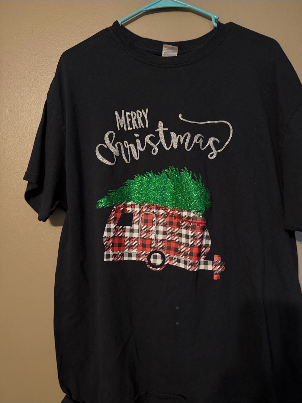 Gildan Black Tee with Glitter Green Tree and Red Plaid Camper Graphic Christmas